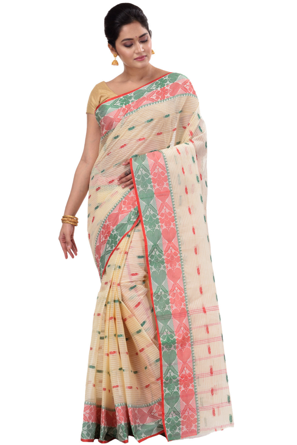 Red Green Pure Cotton Aged_Women Tant Saree (407)